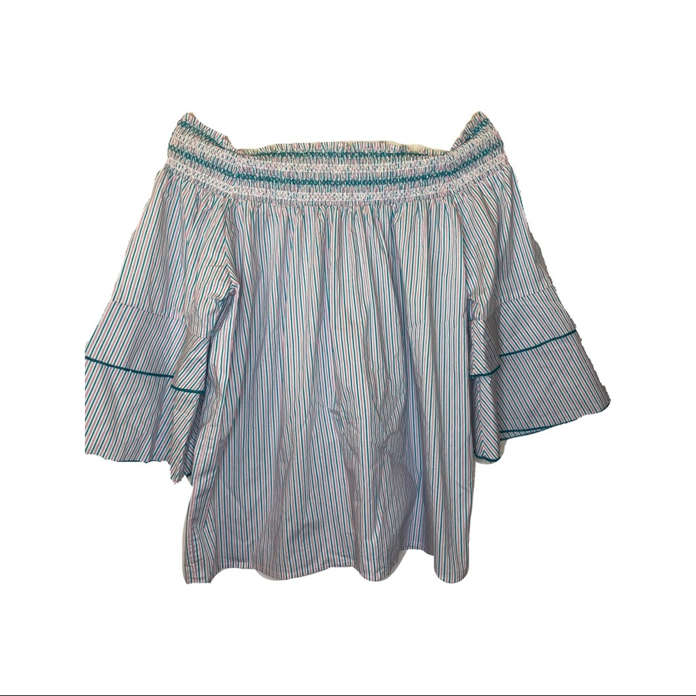 Pink and Green Off the Shoulder Ruched Top